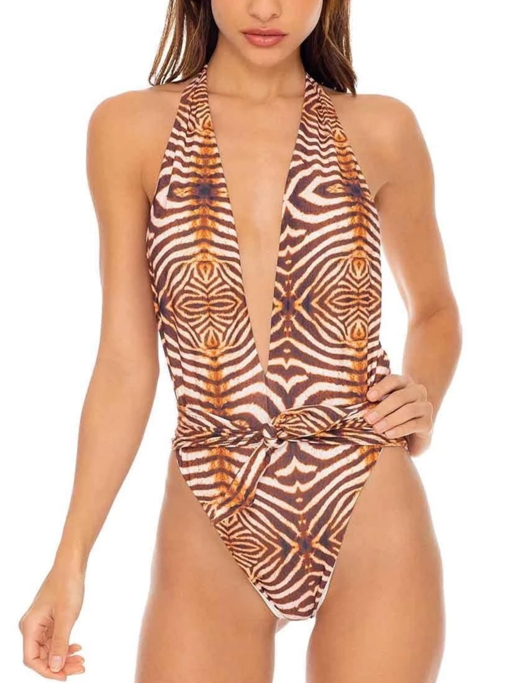 Luli Fama Brown & Tan Zebra-Print Halter One-Piece with Waist Tie